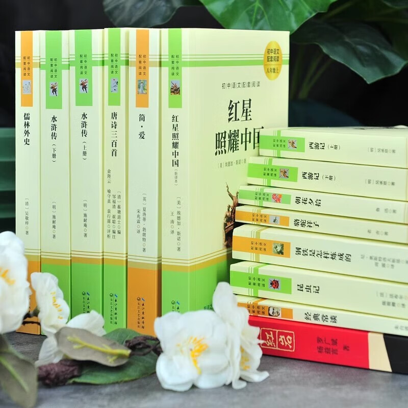 [学校推荐] 套装5册 九年级必读全套：简爱+唐诗三百首+水浒传上册+下册+儒林外史 老师推荐初中人教版语文教材配套名著阅读原版无删减完整版名著必读课外书籍