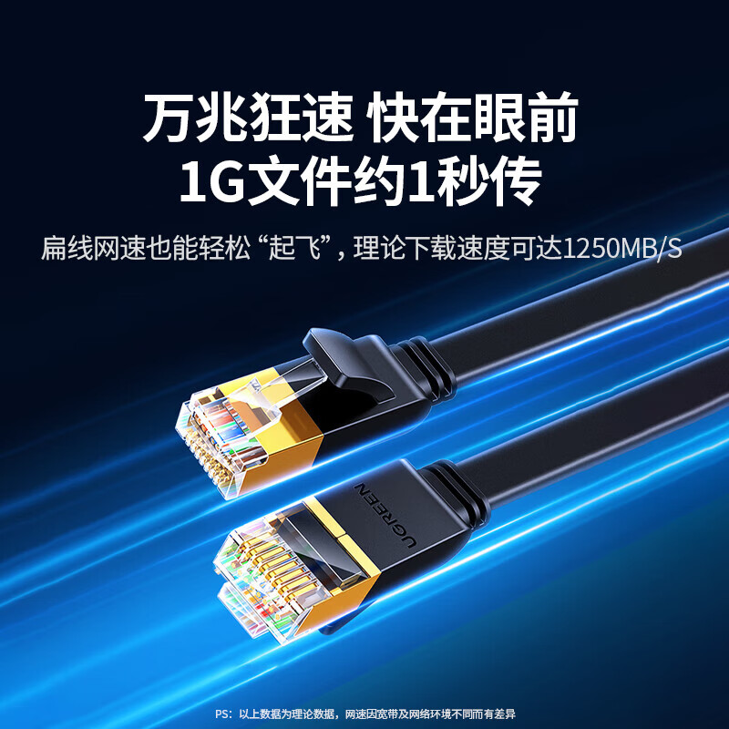绿联 七类纯铜网线 CAT7类万兆屏蔽网络连接线电脑宽带家用成品跳线 扁线2米11261