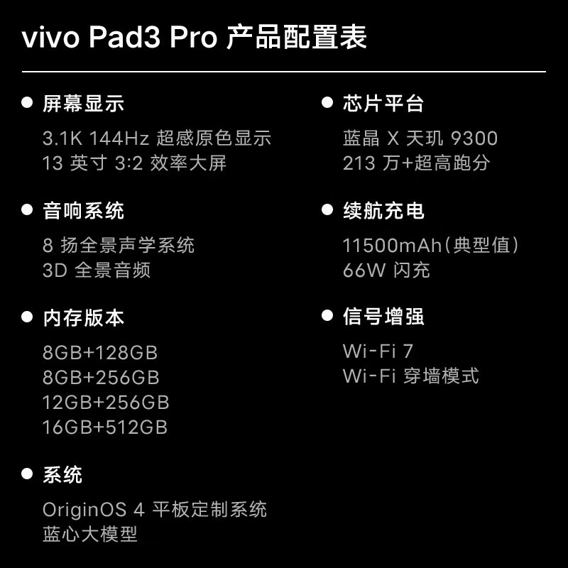 vivoPad3 Pro 13英寸 蓝晶×天玑9300平板电脑 144Hz护眼屏 11500mAh电池 8+256GB 薄霞紫