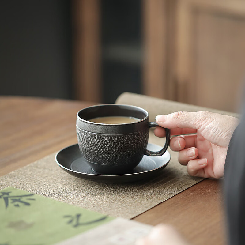 水墨当清黑玄陶瓷咖啡杯时尚马克杯水杯大容量创意茶具 银黑咖啡杯