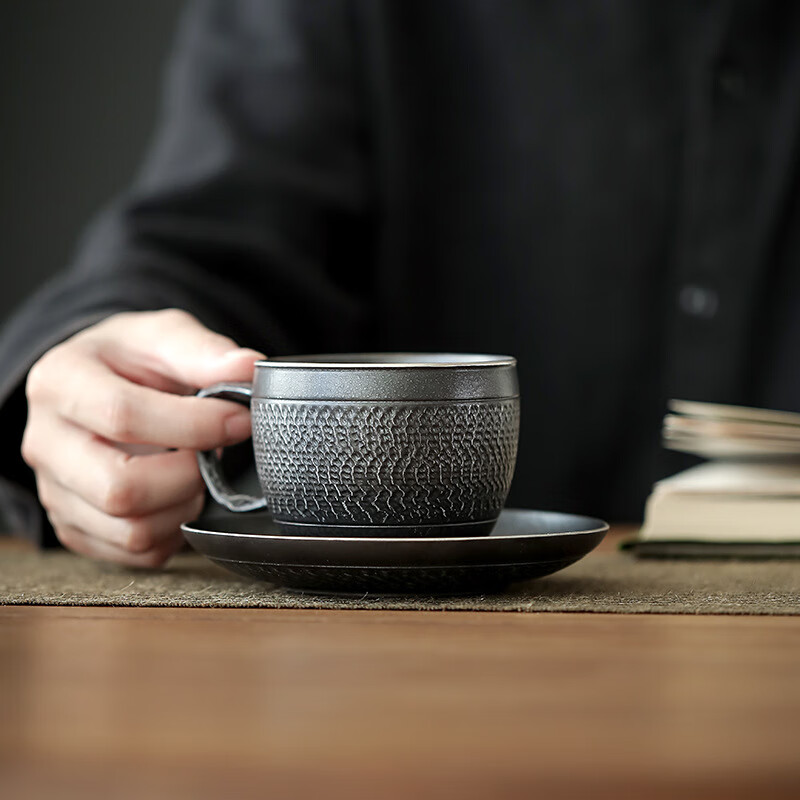 水墨当清黑玄陶瓷咖啡杯时尚马克杯水杯大容量创意茶具 银黑咖啡杯