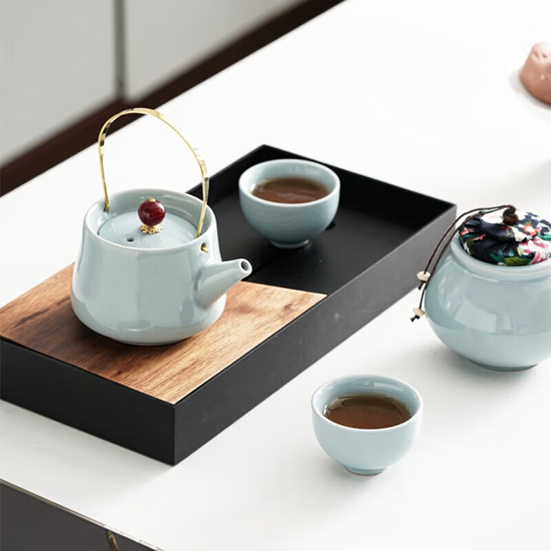小封有礼汝窑开片青天釉提梁壶便携茶具泡茶套装 简易功夫茶具旅行