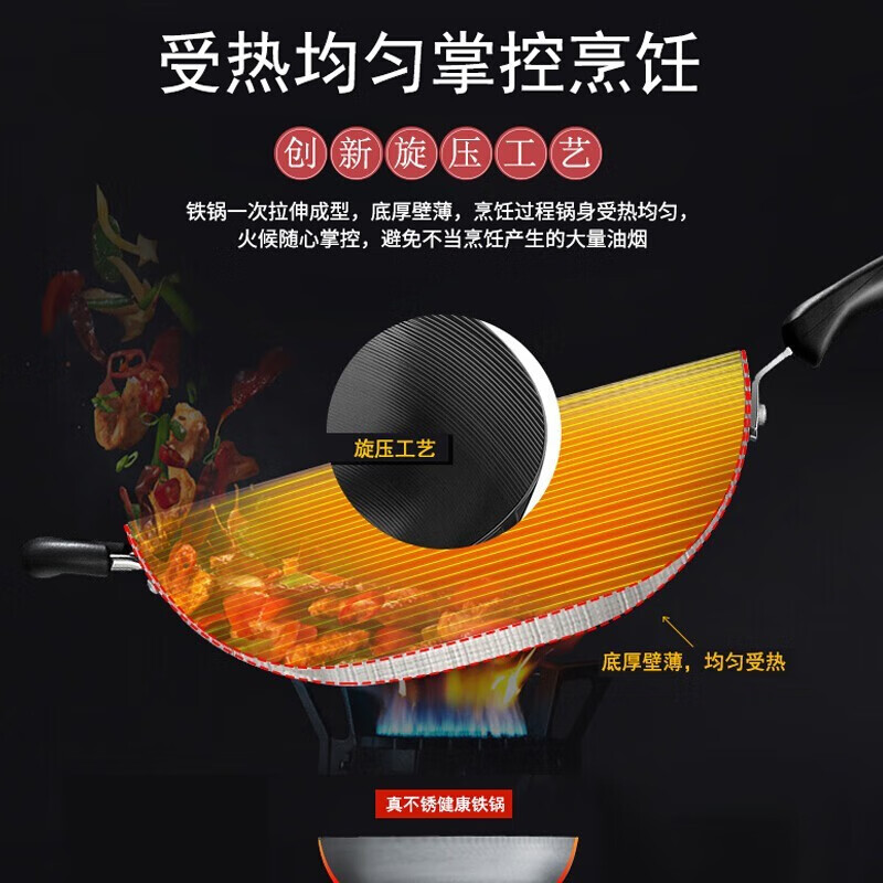 苏泊尔炒锅真不锈炒菜锅无涂层精铁铁锅圆底煎炒锅（旋压纹） 通用 30cm