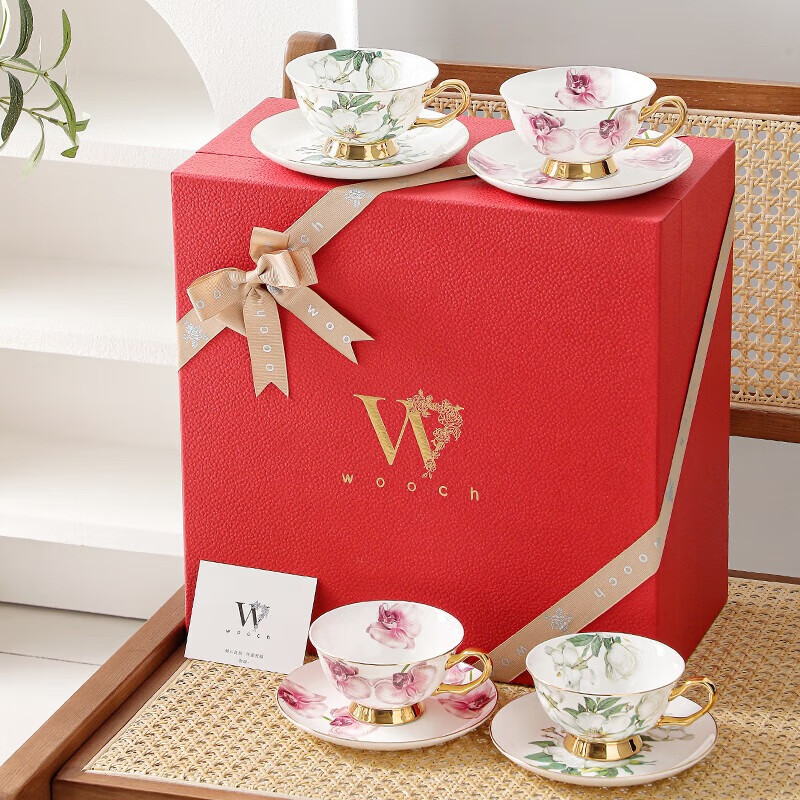 物取（WOOCH）家用田园风杯碟礼盒装 茶花&兰花系列4杯碟+红金礼盒 W096