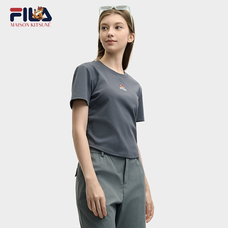 FILA FUSION斐乐官方女子针织短袖衫2025夏季新款简约修身小狐狸刺绣T恤
