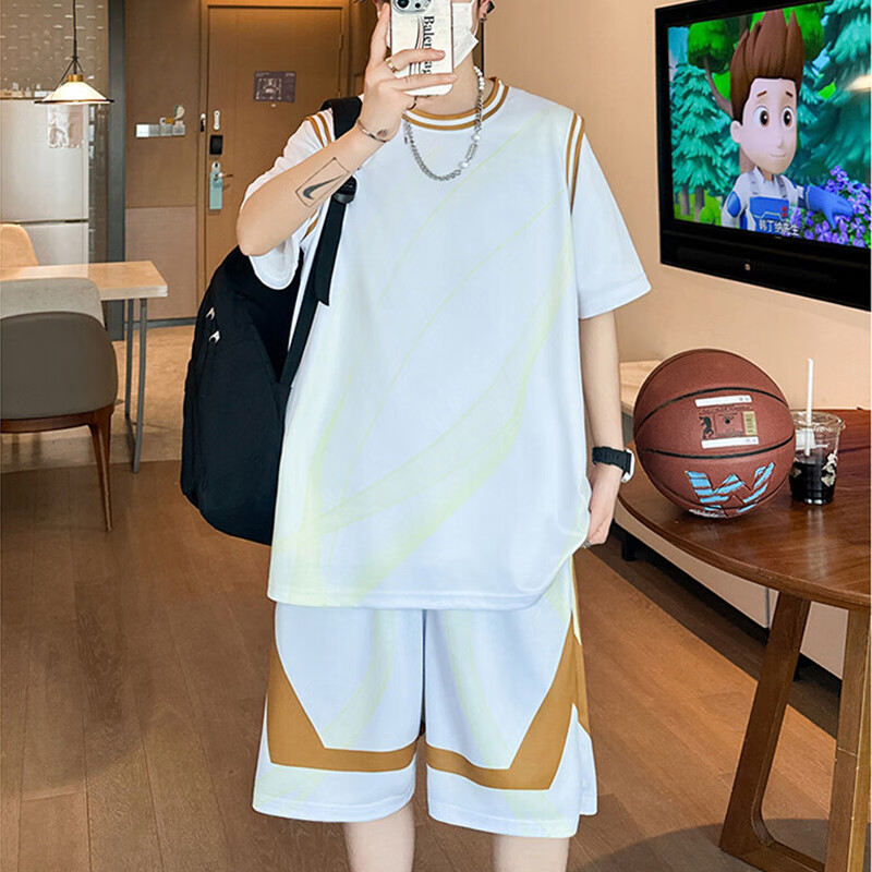 佐菲利休闲运动套装男夏季冰丝短袖短裤一套搭配帅气青少年篮球服两件套