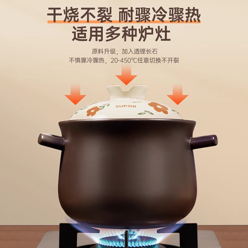 苏泊尔（SUPOR）砂锅 6.0L陶瓷煲煎药煲汤锅耐高温干烧不裂燃气灶炖锅 EB60AACT02