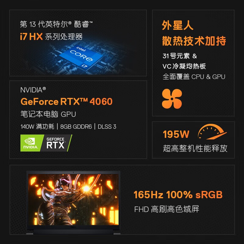 戴尔游匣G15 游戏本15.6英寸 i7HX 16G 1T RTX4060 165Hz 