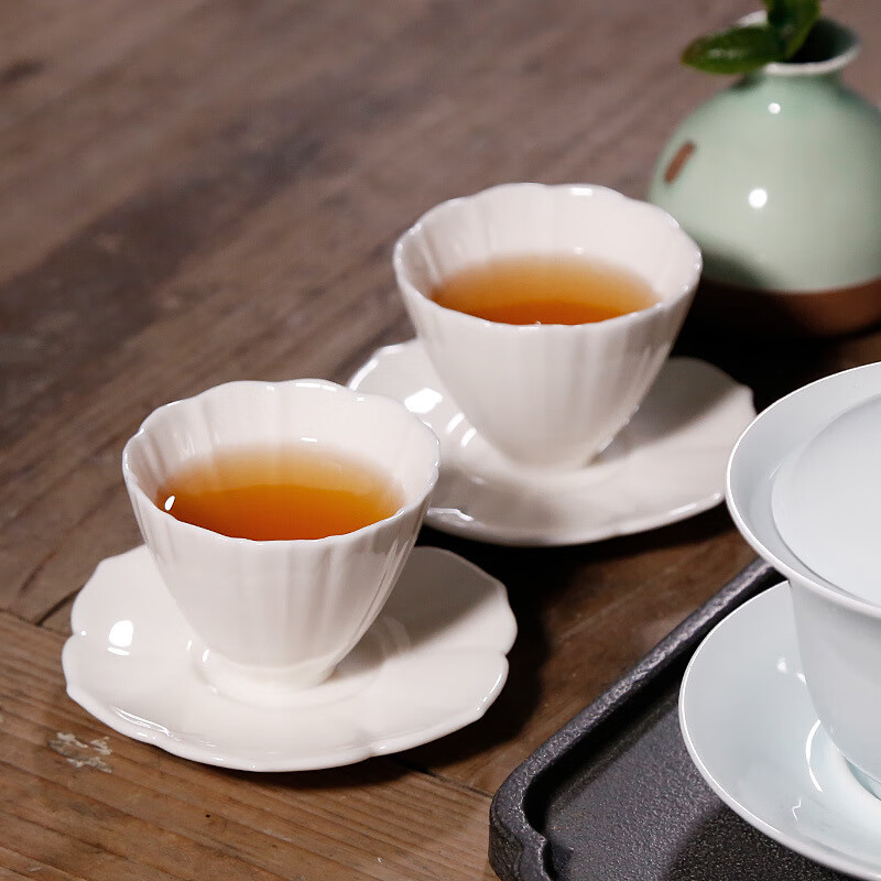 水墨当清茶杯座底杯托白瓷杯垫单只小号单杯垫茶道杯垫 羊脂玉花瓣杯垫