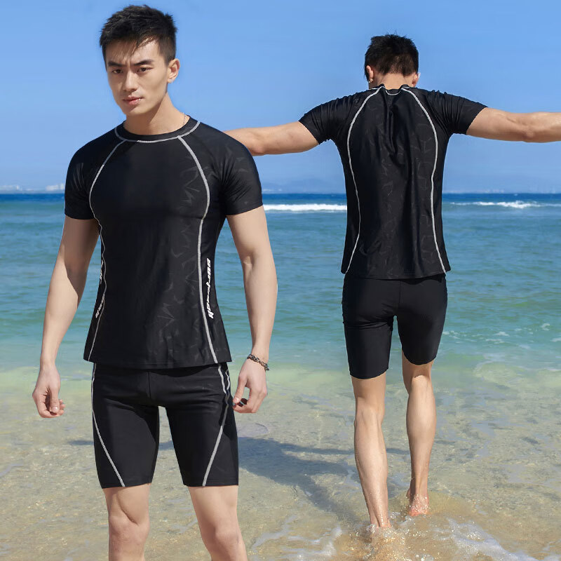 拓浪士男分体泳衣短袖五分裤套装速干防晒学生学游泳衣 黑色  5XL