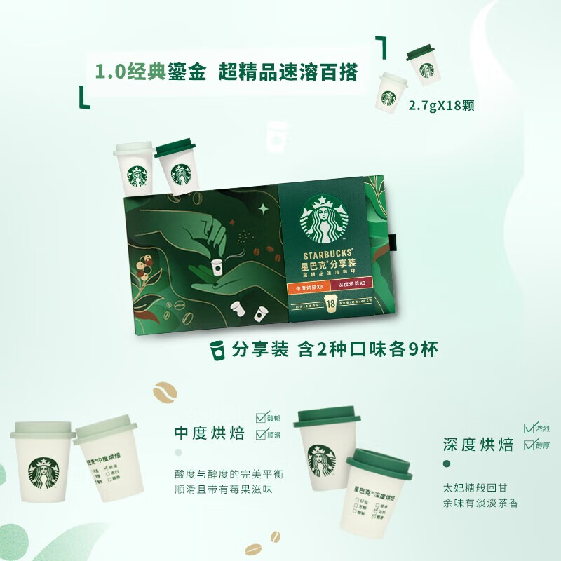 星巴克 精品速溶咖啡黑咖啡0糖 冲泡下午茶 5盒装共84颗 套装随机发放