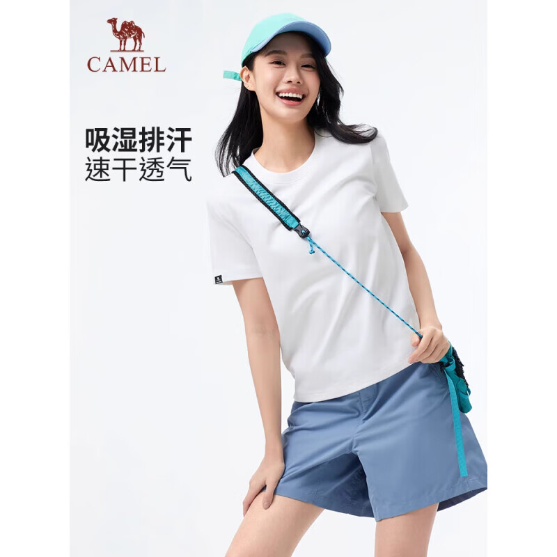 CAMEL女款短袖衫 圆领T恤纯色棉质运动半袖 A25BAVV028 鳄梨绿 2XL