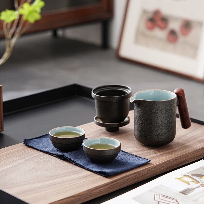 小封有礼侧 把壶快客杯旅行便携茶具茶水分离功夫茶具男商务套装 蓝黑相间