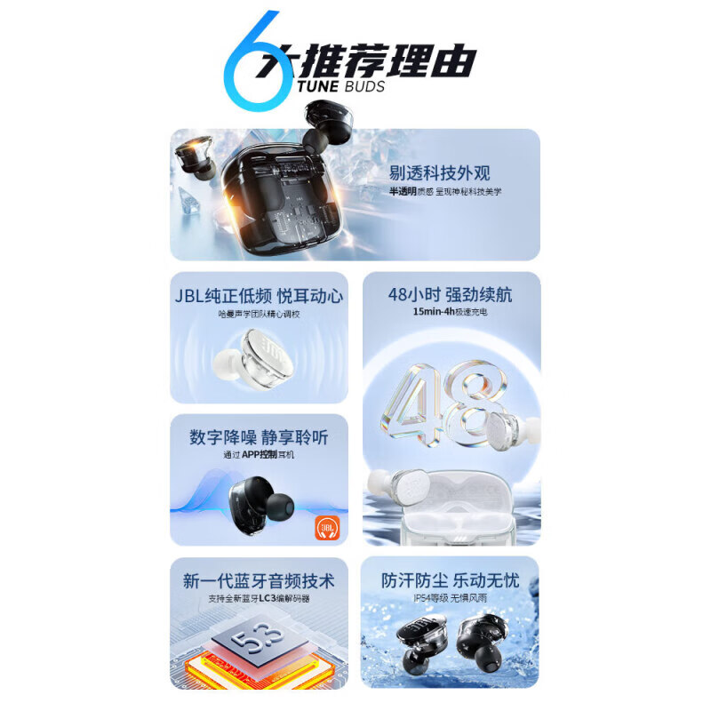 JBL TUNE BUDS琉璃豆真无线蓝牙耳机 主动降噪运动耳机 苹果华为小米带麦游戏耳机 极光黑