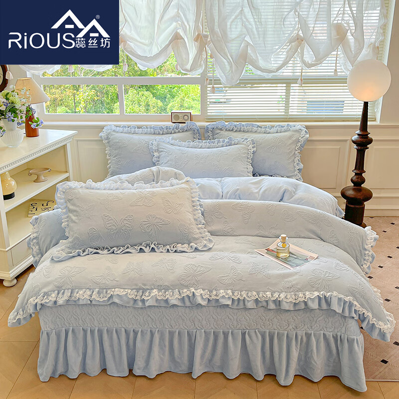 蕊丝坊  雕花牛奶绒蕾丝花边床单款四件套