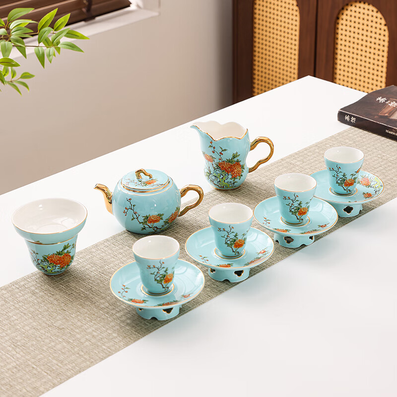 东悦  富贵满堂西湖蓝12头新中式茶具FG-XHL12H