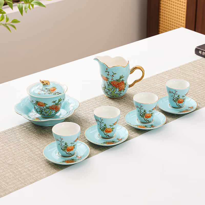 东悦  富贵满堂西湖蓝10头新中式茶具FG-XHL10G