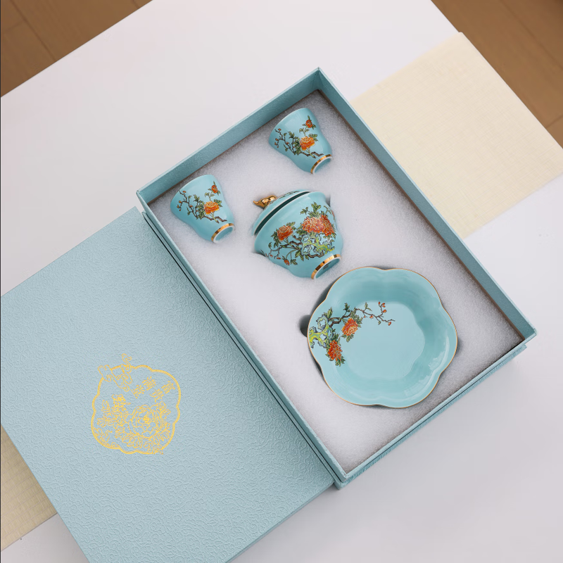 东悦  富贵满堂西湖蓝盖碗茶具小套装FG-XHL3G