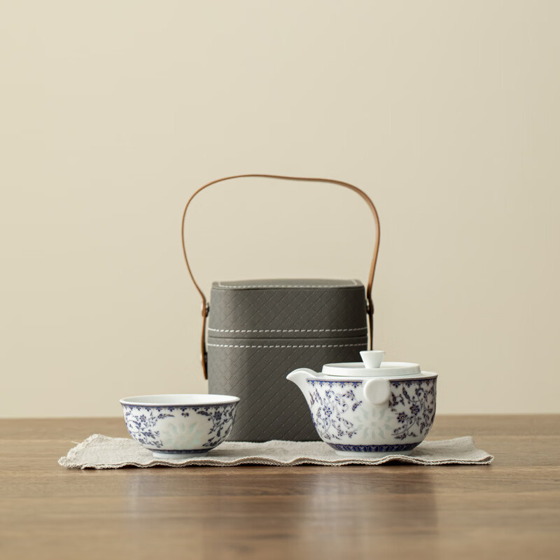 茗然说  玲珑青花旅行茶具陶瓷缠枝莲茶具LX030