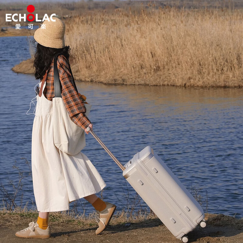 爱可乐（Echolac）明星同款大容量行李箱出国旅行箱王朝防刮拉杆箱奶茶灰24吋PC142 奶茶灰【赠透明箱套】24英寸 /可拆洗内里/赠透明箱套