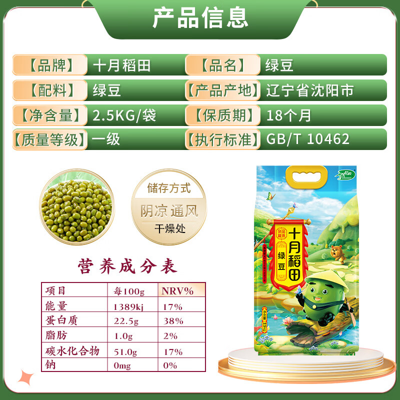 十月稻田 绿豆 2.5kg(可发豆芽 打豆浆 东北五谷 杂粮粗粮 量贩 大米伴侣)