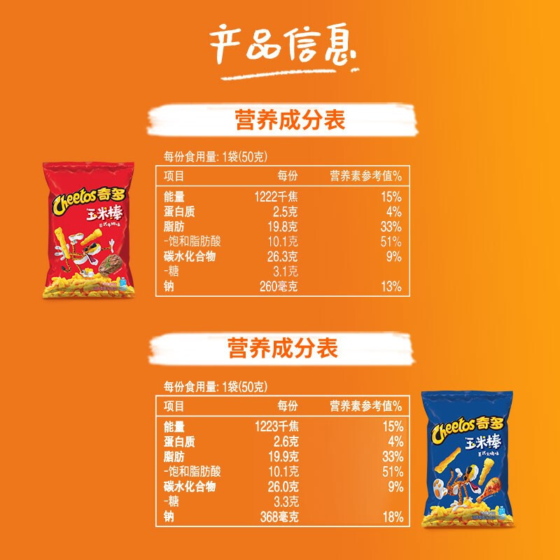 奇多 玉米棒休闲食品 百事食品 奇多火鸡味50g*5包+牛排味50g*5包