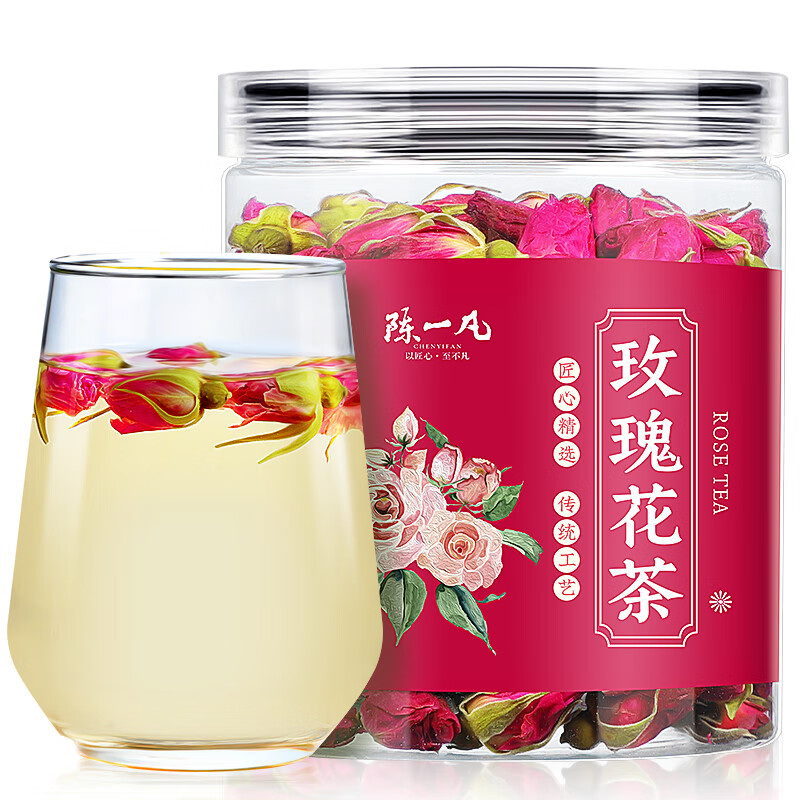 陈一凡 玫瑰花茶 精选平阴玫瑰无硫重瓣红玫瑰花 罐装80g【买2送1】 玫瑰花茶80g