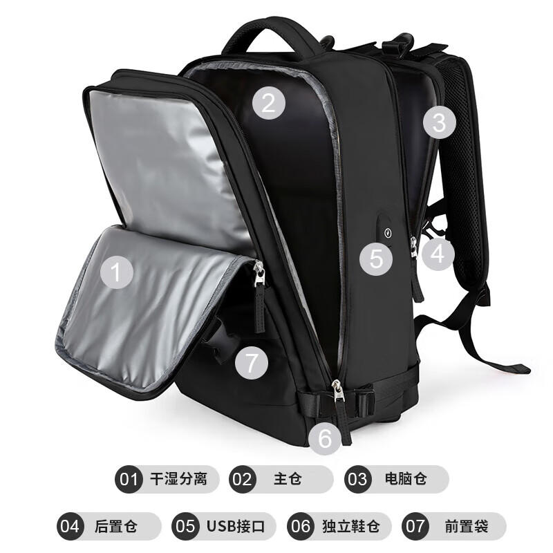 Landcase 旅行包女大容量背包男电脑出差旅游行李包双肩包书包 1637黑色