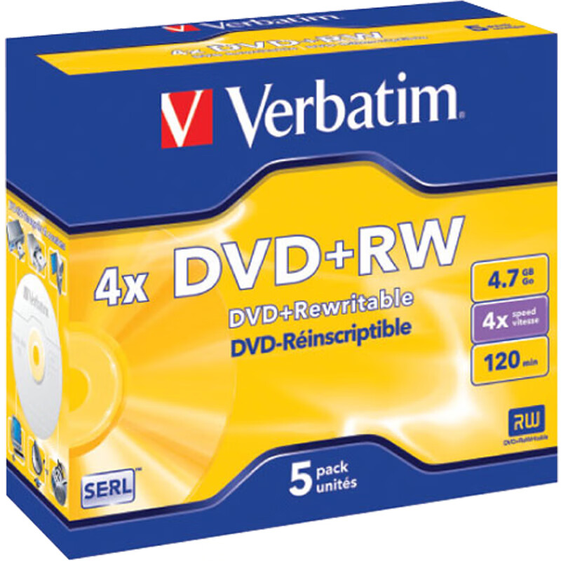威宝（Verbatim）DVD+RW 光盘/刻录盘 4速4.7GB 单片盒装5片 可重复擦写空白光盘 95043 DVD+RW可擦写
