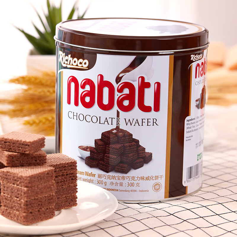 丽芝士（Richeese）印尼进口纳宝帝Nabati巧克力味威化饼干300g/罐儿童休闲零食