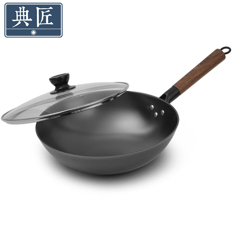 典匠生铁炒锅家用无涂层铸铁锅圆底炒菜锅燃气灶锅具30cm 轻量化炒锅-玻璃盖 30cm