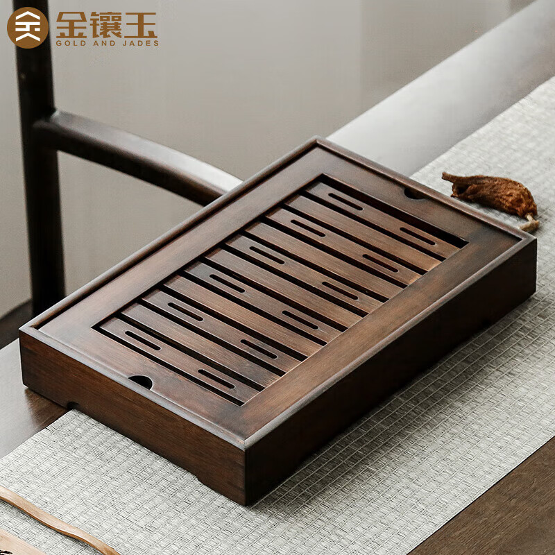 金镶玉 茶盘家用小号竹木茶具托盘茶海储水式棕中盛35*23*5.5cm 中盛水35*23cm