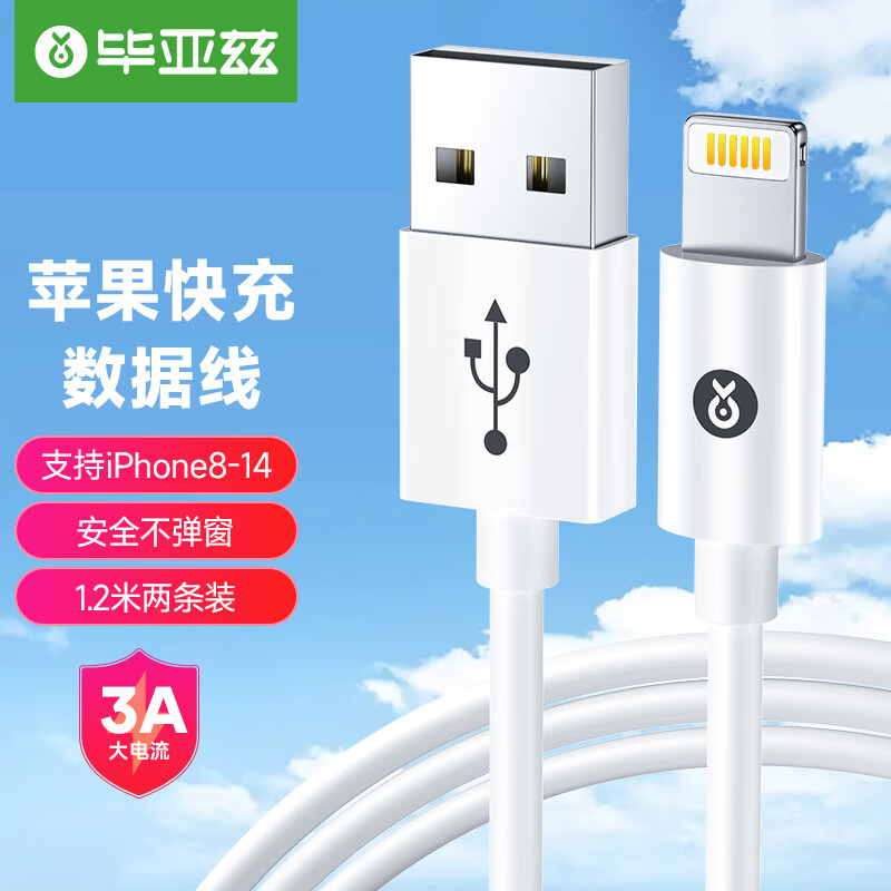 毕亚兹适用于【2条装】苹果数据线iPhone14ProMax/13/12/11/xs手机充电线iPadair平板USB车载快充线1.2米 【2条装】1.2米-标准版-快充线品牌推荐|iSO品质认证|安全快充
