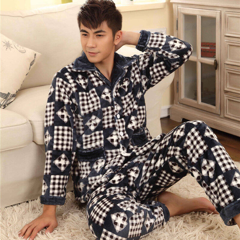 2014 秋冬新款男士水貂绒加厚睡衣套法兰绒休