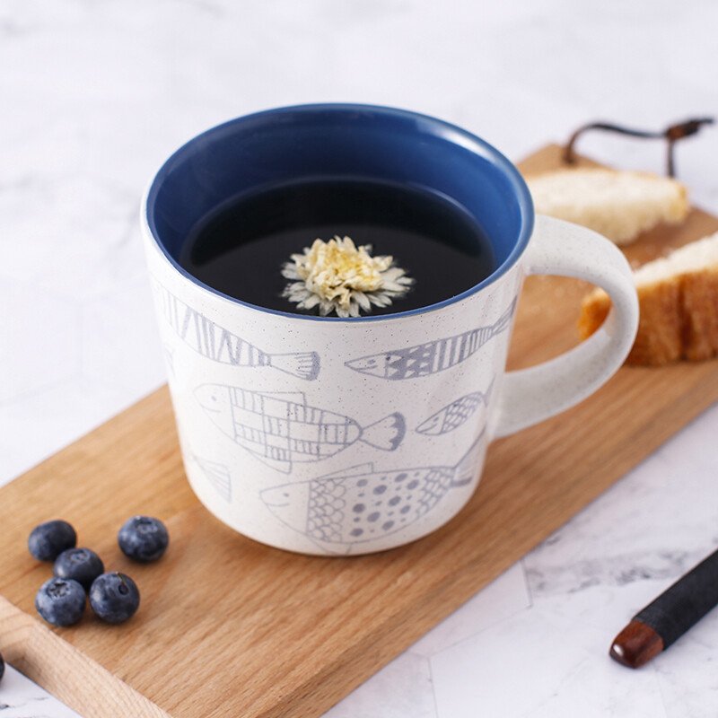 佳佰 釉下彩陶瓷马克杯 情侣水杯办公咖啡杯茶杯牛奶杯麦片杯 小鱼
