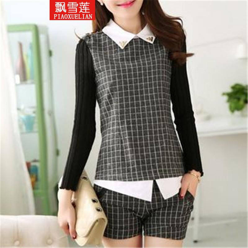 飘雪莲 2014秋休闲长袖<em>套装格子</em>女装白色衬衫