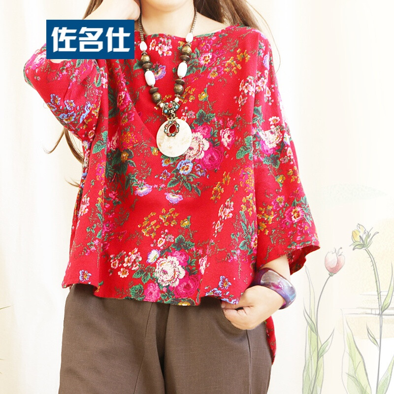 复古文艺棉麻料女式T恤宽松蝙蝠袖上衣碎花小