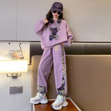 马可小熊童装女童套装2023秋新款中大童卡通绣花套装休闲时尚两件套LM 紫色 170(建议身高160cm)