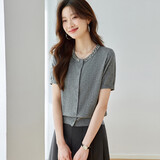 奢汐（Srcr）42支超细羊毛衫女短袖外搭开衫春秋设计感钉珠针织外套