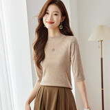奢汐（Srcr）含羊绒羊毛短款山茶花打底衫女上衣早秋薄款简约百搭中袖针织t恤