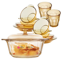 康宁（VISIONS）晶钻3.5L玻璃汤锅炖锅礼盒装+百丽餐具碗碟套装12件组锅具套组