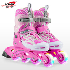 动感轮滑鞋 儿童溜冰鞋全闪滑冰鞋旱冰鞋儿童女男全套装 117款粉红色1双鞋 XS/26-29码（3轮）
