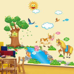 乐福然 可爱动物卡通墙贴儿童卧室贴画宝宝婴儿房间装饰墙上贴纸墙画 小马过河 大