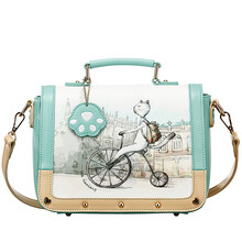小象包袋 小清新猫爪邮差包手绘单车猫撞色手
