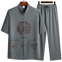 中国风唐装男棉麻中老年人衣服爸爸爷爷短袖汉服两件套练功服薄款 深灰色套装 39（90-115）