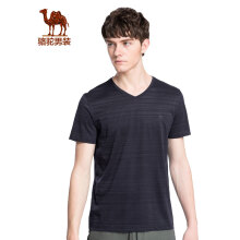 骆驼（CAMEL）男装 夏季V领休闲青年短袖薄款纯色绣标男t恤 宝蓝 M