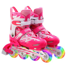 美洲狮（COUGAR）溜冰鞋成人轮滑鞋儿童套装初学可调码男女直排休闲旱冰鞋835 粉白鞋(八轮全闪光) S码29-32
