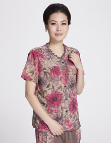 青牧绒 WZJ-909新款中<em>老年女夏装短袖开衫</em>T恤