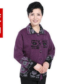 依尚秋冬季女装新款中<em>老年人羊绒</em>衫紫三色<em>开衫</em>