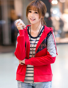 013秋冬韩版时尚拼接撞色带帽拉链<em>开衫卫衣</em>外